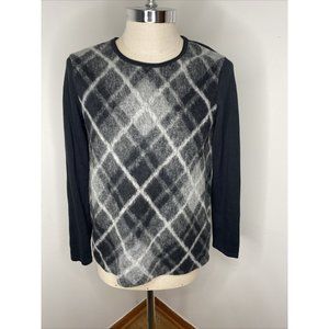 J Jill Womens Grey Black Argyle Sweater Size M Crew Neck Cotton Wool Gray